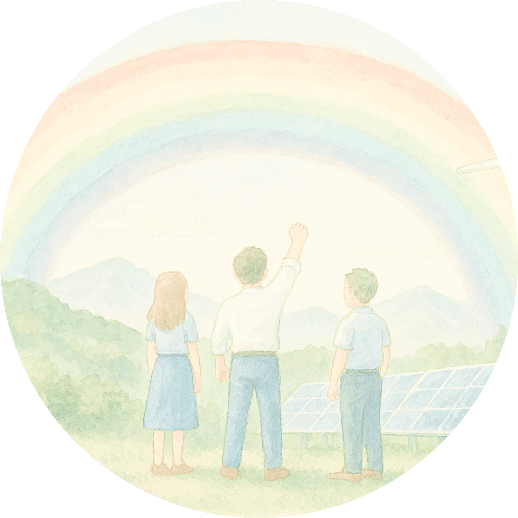 虹に向かって手を伸ばす子どもたちと太陽光パネルの前に立つ家族のイラスト