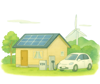 風力発電で生み出した電力で充電する車と家の画像