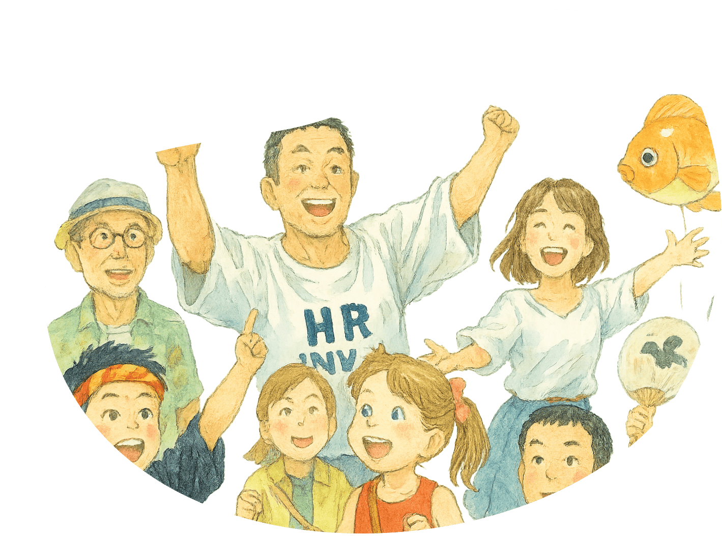 歴史的建造物の前で笑顔を見せる多世代の家族や子どもたち
